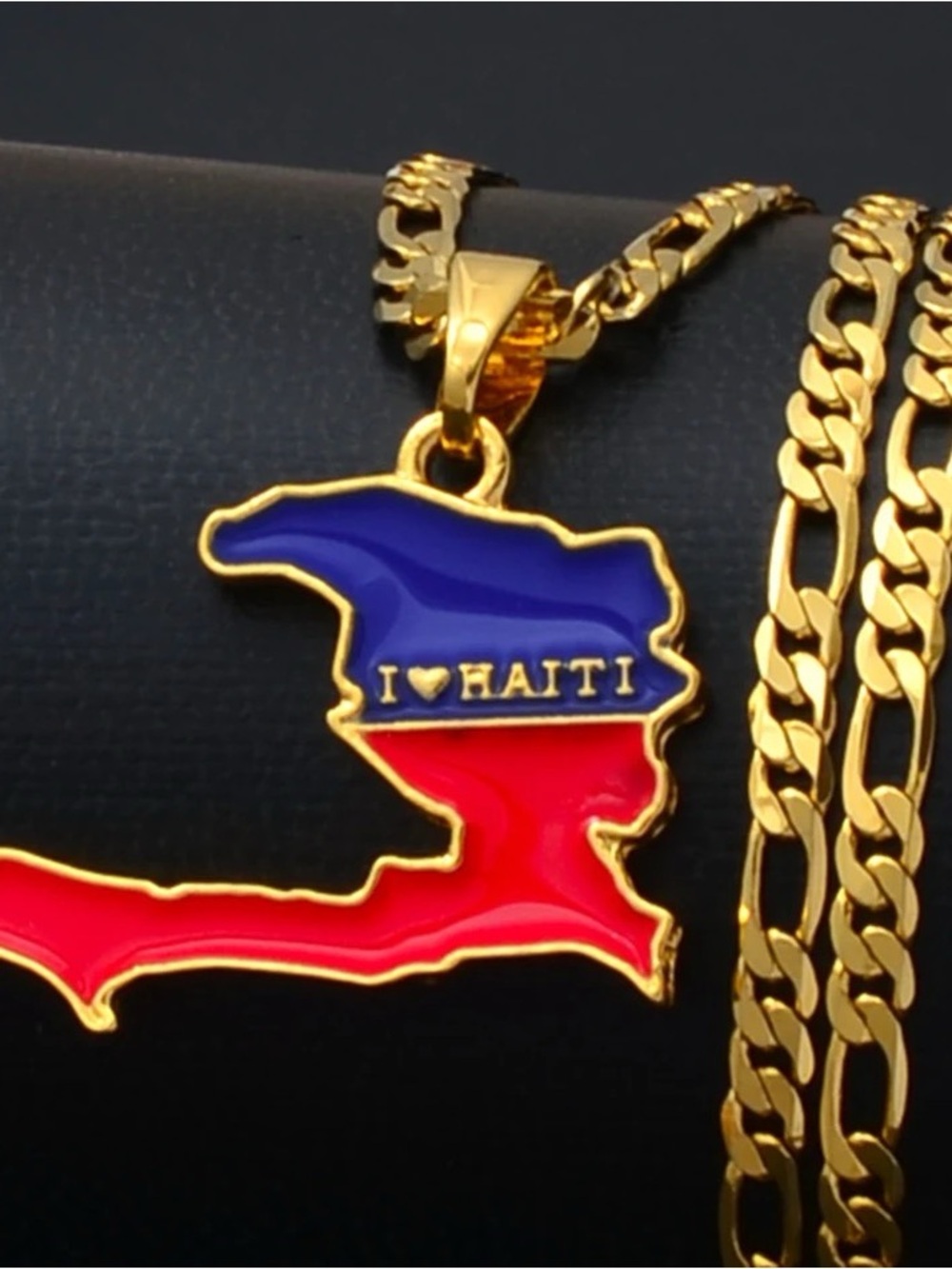 Gold Plated "I ♥ Haiti" Map Pendant Necklace 18inch - Blue & Red
